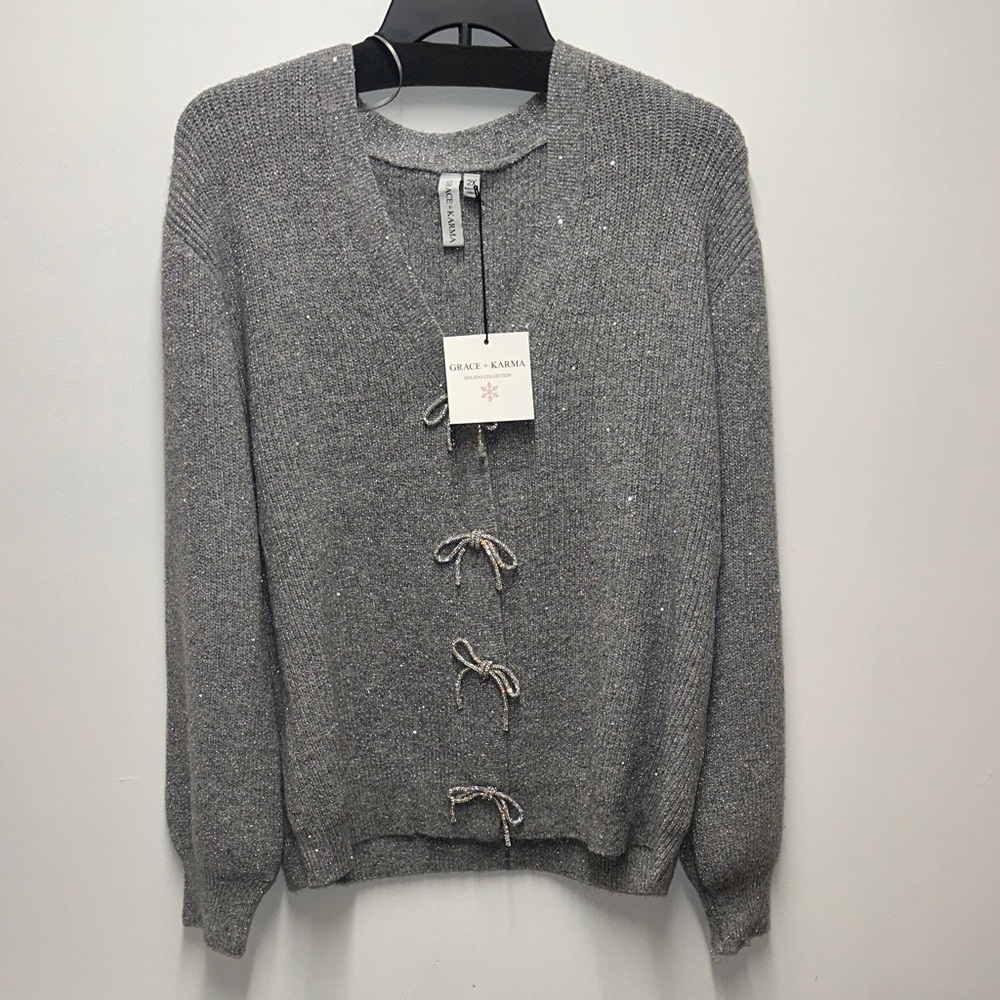 Gray Knit Cardigan with sparkly Bow Details